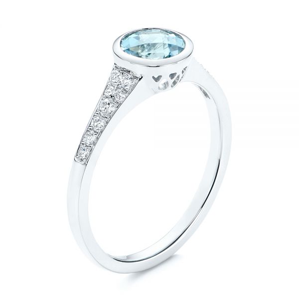 14k White Gold Aquamarine And Diamond Fashion Ring - Three-Quarter View -  106026