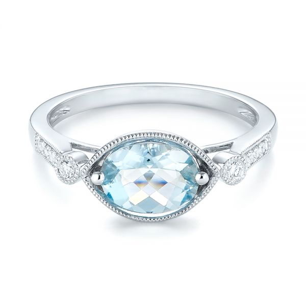 14k White Gold Aquamarine And Diamond Fashion Ring - Flat View -  103766
