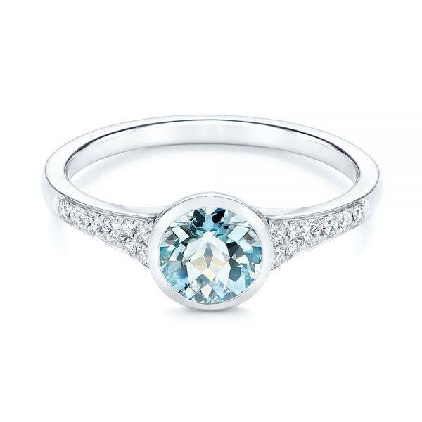 14k White Gold Aquamarine And Diamond Fashion Ring - Flat View -  106026