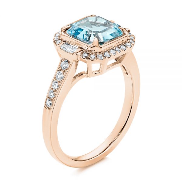 14k Rose Gold 14k Rose Gold Aquamarine And Diamond Halo Fashion Ring - Three-Quarter View -  105976