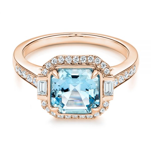 14k Rose Gold 14k Rose Gold Aquamarine And Diamond Halo Fashion Ring - Flat View -  105976