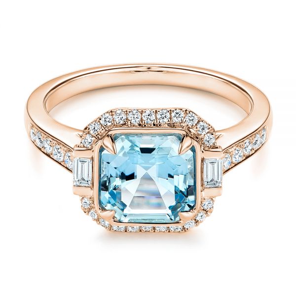 14k Rose Gold 14k Rose Gold Aquamarine And Diamond Halo Fashion Ring - Flat View - 105976