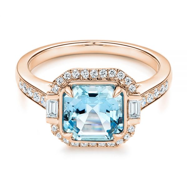 18k Rose Gold 18k Rose Gold Aquamarine And Diamond Halo Fashion Ring - Flat View -  105976