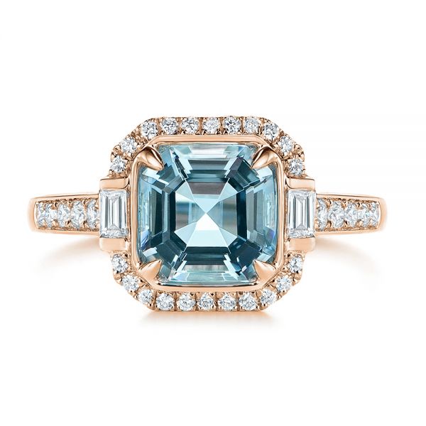 14k Rose Gold 14k Rose Gold Aquamarine And Diamond Halo Fashion Ring - Top View -  105976