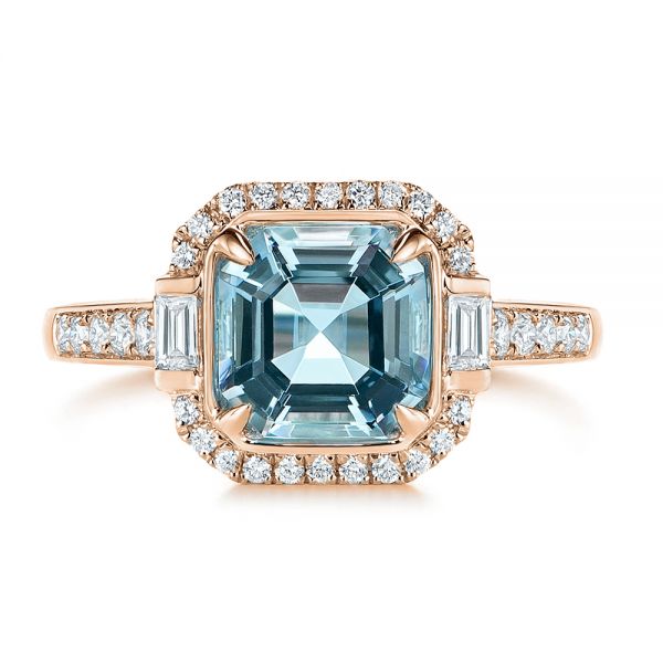 18k Rose Gold 18k Rose Gold Aquamarine And Diamond Halo Fashion Ring - Top View -  105976