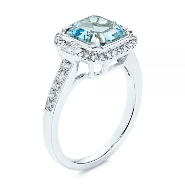 14k White Gold Aquamarine And Diamond Halo Fashion Ring - Three-Quarter View -  105976