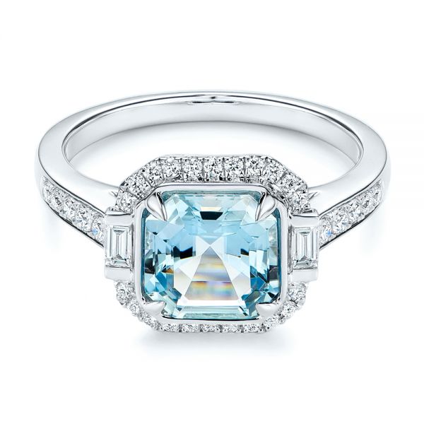 18k White Gold 18k White Gold Aquamarine And Diamond Halo Fashion Ring - Flat View -  105976