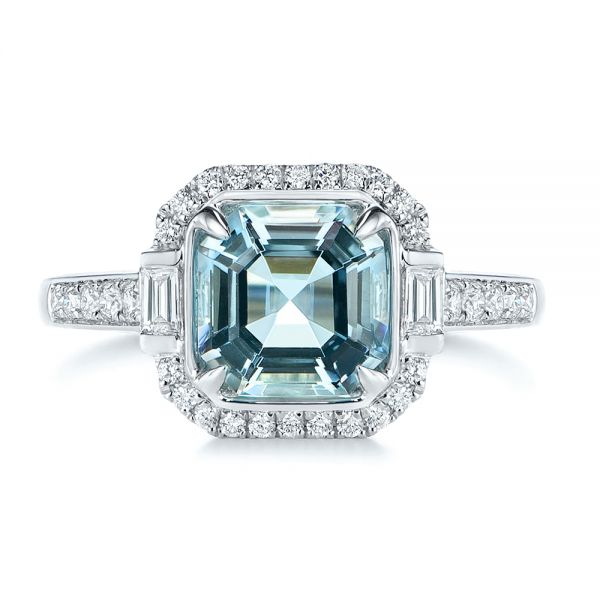 14k White Gold Aquamarine And Diamond Halo Fashion Ring - Top View -  105976