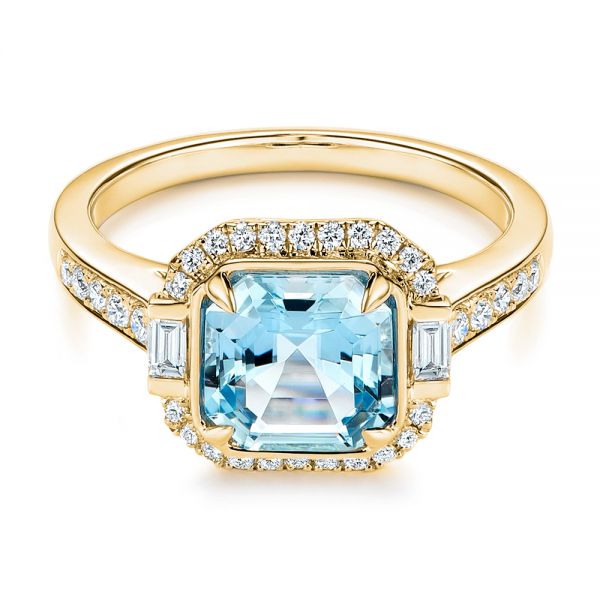 18k Yellow Gold 18k Yellow Gold Aquamarine And Diamond Halo Fashion Ring - Flat View -  105976