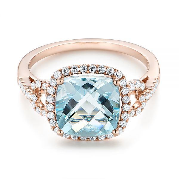 18k Rose Gold 18k Rose Gold Aquamarine And Diamond Halo Ring - Flat View - 105011