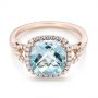 18k Rose Gold 18k Rose Gold Aquamarine And Diamond Halo Ring - Flat View -  105011 - Thumbnail