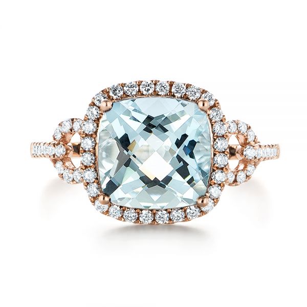 14k Rose Gold 14k Rose Gold Aquamarine And Diamond Halo Ring - Top View -  105011