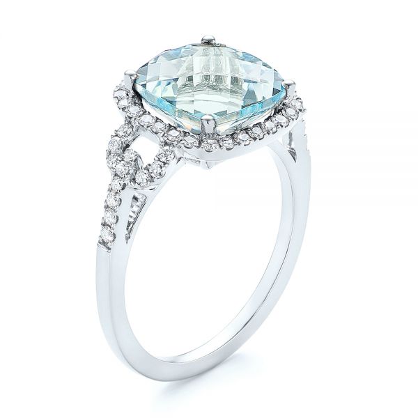  Platinum Platinum Aquamarine And Diamond Halo Ring - Three-Quarter View -  105011