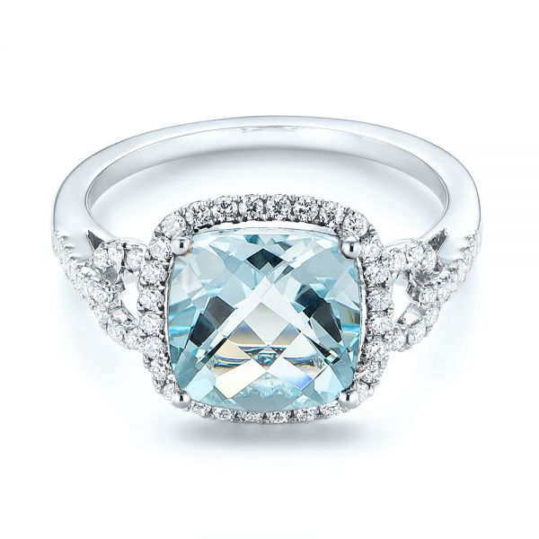 14k White Gold Aquamarine And Diamond Halo Ring - Flat View -  105011