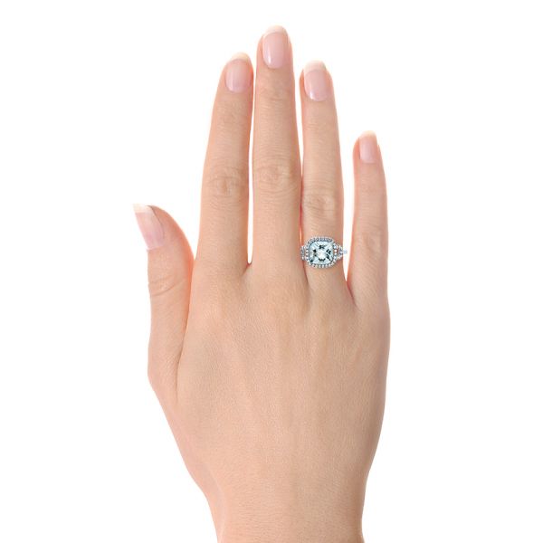 18k White Gold 18k White Gold Aquamarine And Diamond Halo Ring - Hand View -  105011