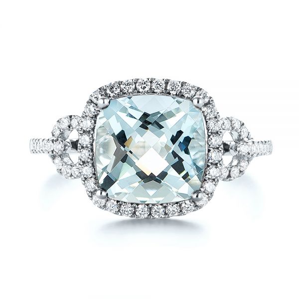 14k White Gold Aquamarine And Diamond Halo Ring - Top View -  105011