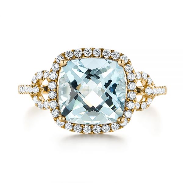 14k Yellow Gold 14k Yellow Gold Aquamarine And Diamond Halo Ring - Top View -  105011