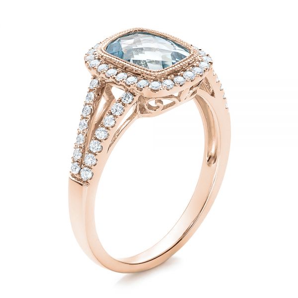 18k Rose Gold 18k Rose Gold Aquamarine And Diamond Halo Split Shank Ring - Three-Quarter View -  101940