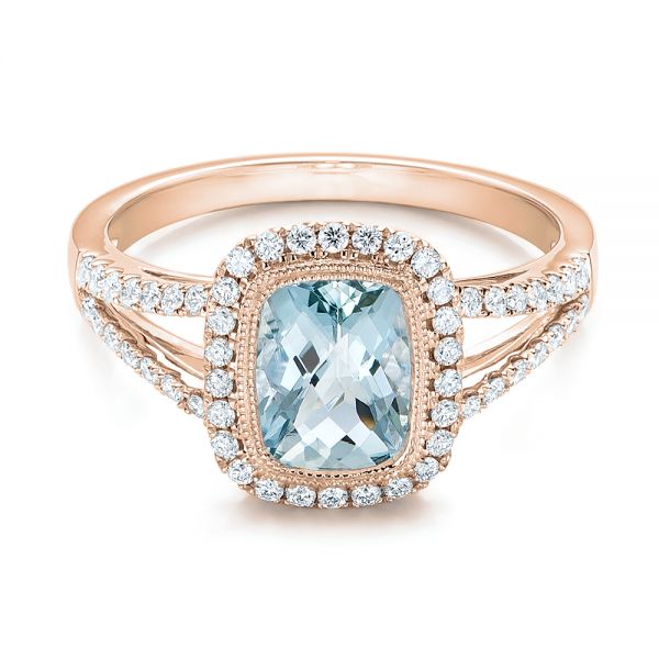 14k Rose Gold 14k Rose Gold Aquamarine And Diamond Halo Split Shank Ring - Flat View - 101940
