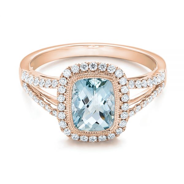 14k Rose Gold 14k Rose Gold Aquamarine And Diamond Halo Split Shank Ring - Flat View -  101940