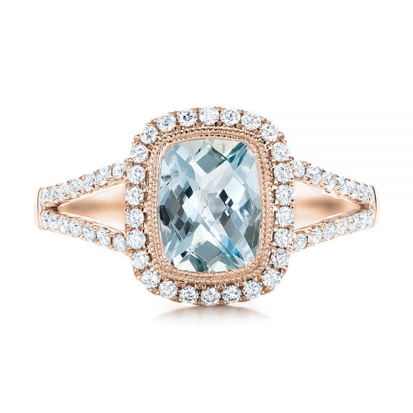 14k Rose Gold 14k Rose Gold Aquamarine And Diamond Halo Split Shank Ring - Top View - 101940