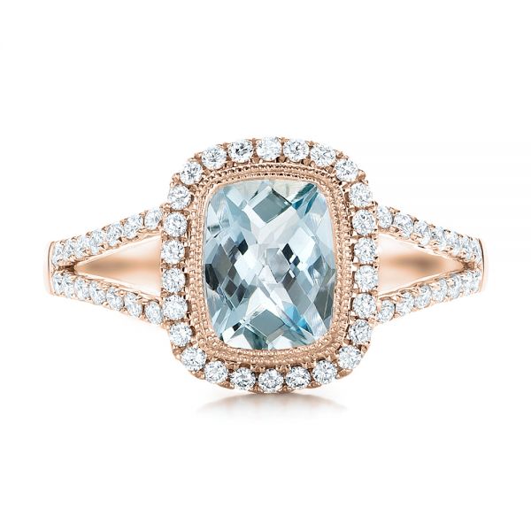 18k Rose Gold 18k Rose Gold Aquamarine And Diamond Halo Split Shank Ring - Top View -  101940