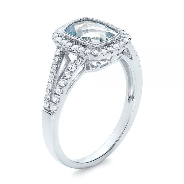 14k White Gold Aquamarine And Diamond Halo Split Shank Ring - Three-Quarter View -  101940