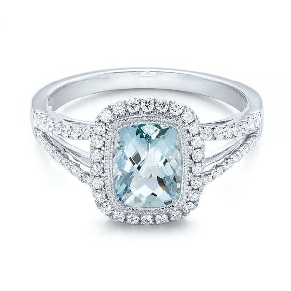 14k White Gold Aquamarine And Diamond Halo Split Shank Ring - Flat View - 101940