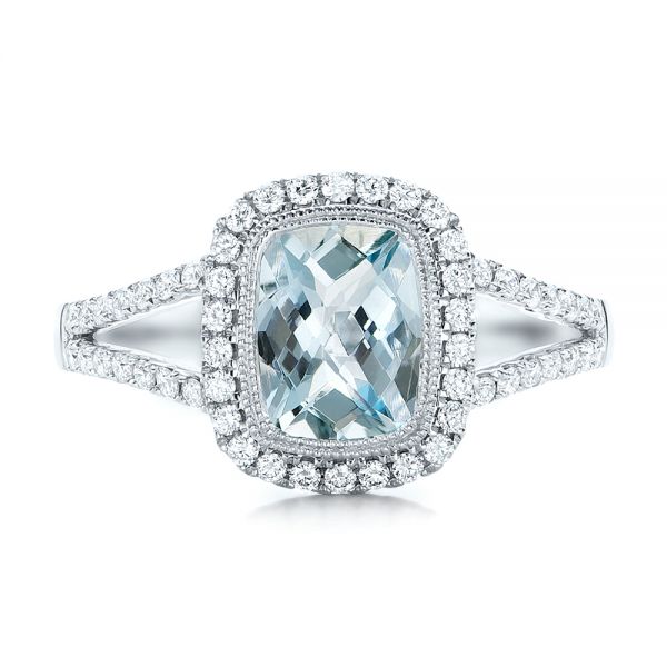 14k White Gold Aquamarine And Diamond Halo Split Shank Ring - Top View - 101940