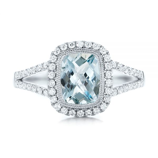 18k White Gold 18k White Gold Aquamarine And Diamond Halo Split Shank Ring - Top View -  101940