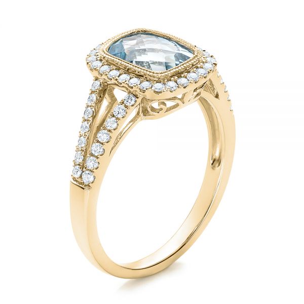 18k Yellow Gold 18k Yellow Gold Aquamarine And Diamond Halo Split Shank Ring - Three-Quarter View -  101940