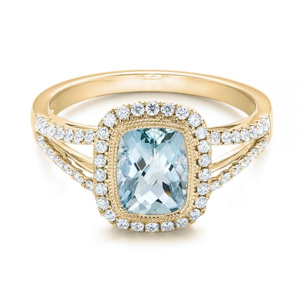 14k Yellow Gold 14k Yellow Gold Aquamarine And Diamond Halo Split Shank Ring - Flat View -  101940