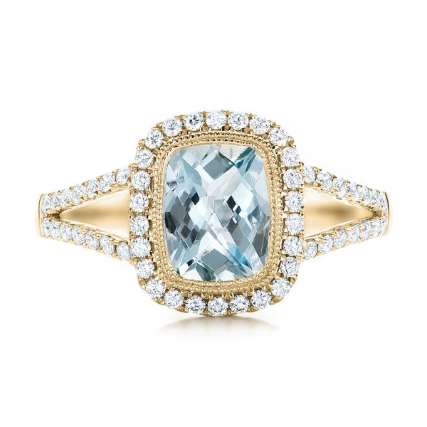 14k Yellow Gold 14k Yellow Gold Aquamarine And Diamond Halo Split Shank Ring - Top View -  101940