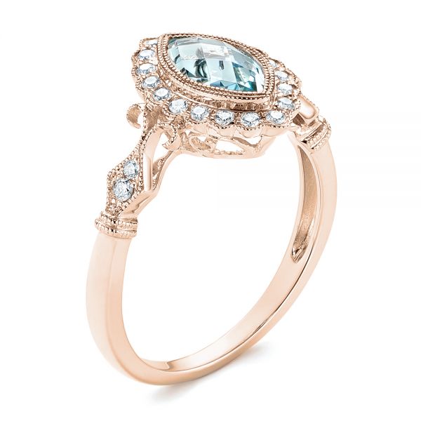 18k Rose Gold 18k Rose Gold Aquamarine And Diamond Halo Vintage-inspired Ring - Three-Quarter View -  103172