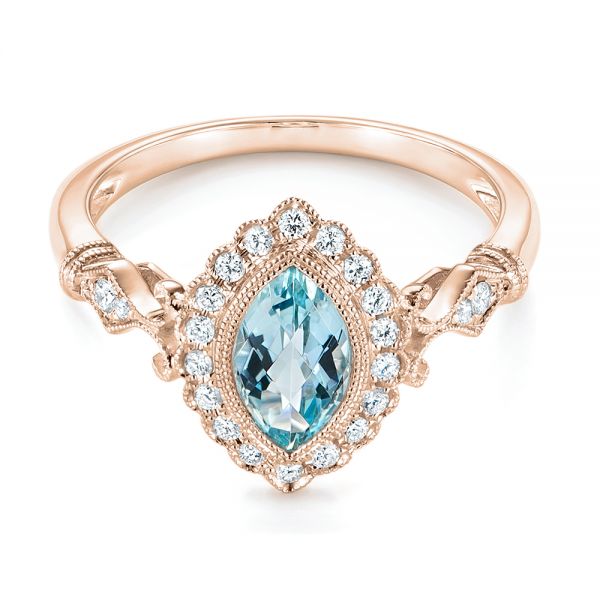 18k Rose Gold 18k Rose Gold Aquamarine And Diamond Halo Vintage-inspired Ring - Flat View -  103172