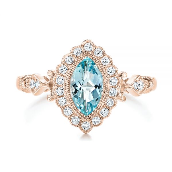 14k Rose Gold 14k Rose Gold Aquamarine And Diamond Halo Vintage-inspired Ring - Top View -  103172