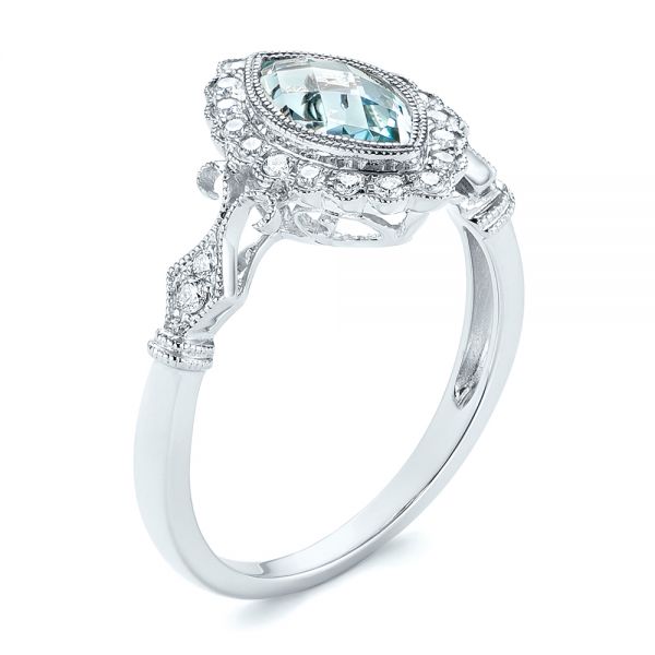 14k White Gold Aquamarine And Diamond Halo Vintage-inspired Ring - Three-Quarter View -  103172
