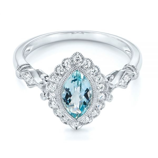 14k White Gold Aquamarine And Diamond Halo Vintage-inspired Ring - Flat View - 103172
