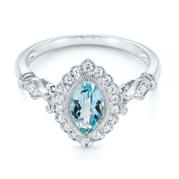 14k White Gold Aquamarine And Diamond Halo Vintage-inspired Ring - Flat View -  103172