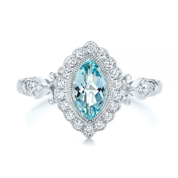 14k White Gold Aquamarine And Diamond Halo Vintage-inspired Ring - Top View - 103172