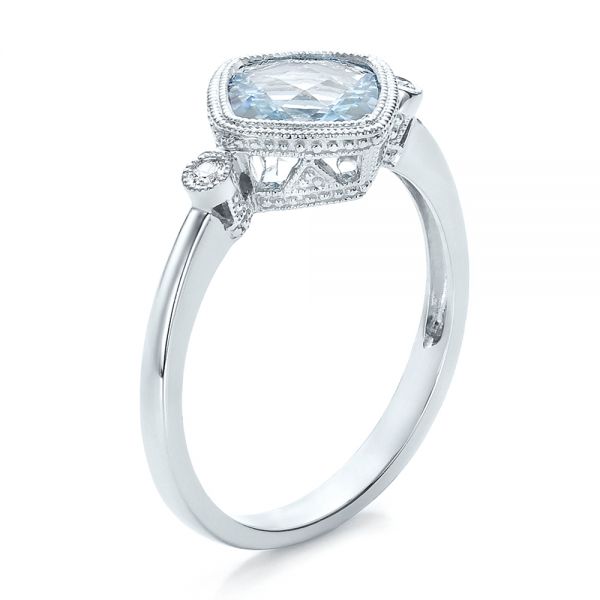 14k White Gold Aquamarine And Diamond Ring - Three-Quarter View -  100454
