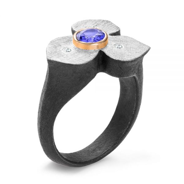 Bezel Set Blue Sapphire Flower Ring - Three-Quarter View -  107115