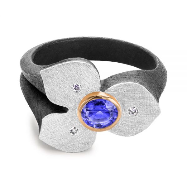 Bezel Set Blue Sapphire Flower Ring - Flat View - 107115