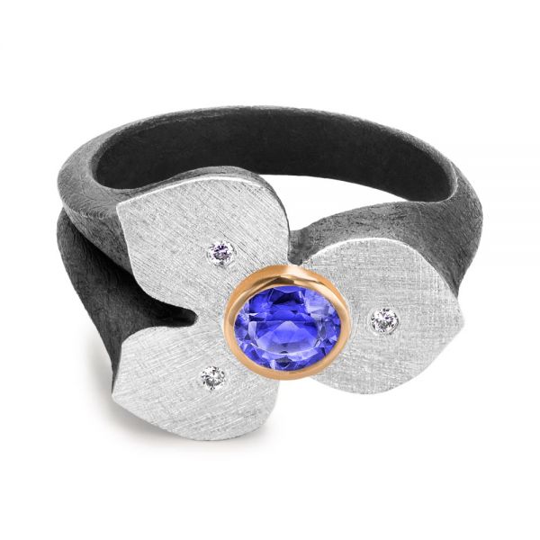 Bezel Set Blue Sapphire Flower Ring - Flat View -  107115