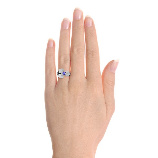Bezel Set Blue Sapphire Flower Ring - Hand View -  107115