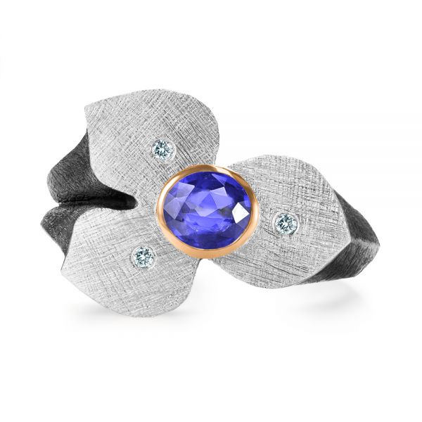 Bezel Set Blue Sapphire Flower Ring - Top View -  107115