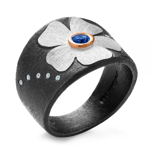 Bezel Set Blue Sapphire and Diamond Flower Ring - Image