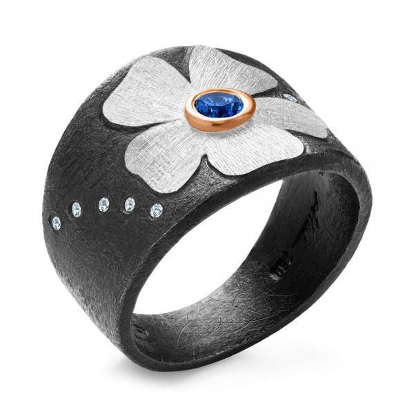 Bezel Set Blue Sapphire and Diamond Flower Ring - reference design