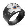 Bezel Set Blue Sapphire And Diamond Flower Ring - Three-Quarter View -  107099 - Thumbnail