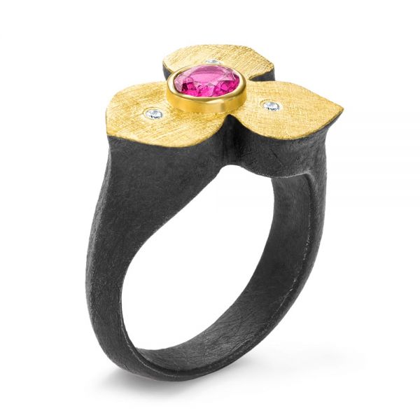 Bezel Set Ruby Flower Ring - Three-Quarter View -  107114